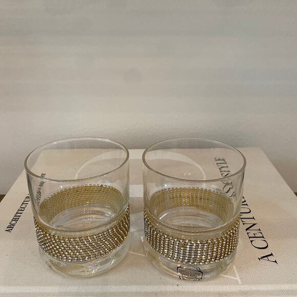 Old Fashioned Whiskey Glass w/ Gold Rhinestone Band Stemless Wine Set of 2 NEW - Picture 5 of 10